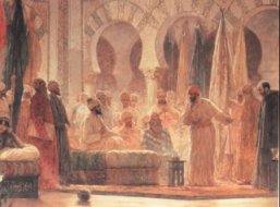La corte de Abd al-Rahman III, recreada por Dionisio Baixeras (siglo XIX). Paraninfo de la Universidad  de Barcelona