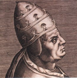El papa Urbano VI, quien permaneció en Roma durante su pontificado (1378-1389), enfrentado a Clemente VII, instalado en Aviñón