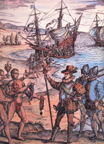 Arribada de Colón a la Española. Gravado del siglo XVII