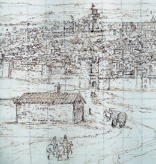Dibujo de Anton van den Wyngaerde en su viaje a Medina del Campo en 1565. Ermita de San Sebastián.