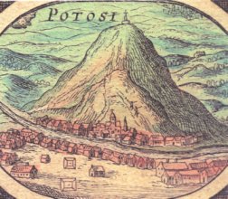 Las minas de Potosí, en la actual Bolovia, produjeron la plata que alimentó la eoconomía europea y mundial. Potosí en un gravado del siglo XVI