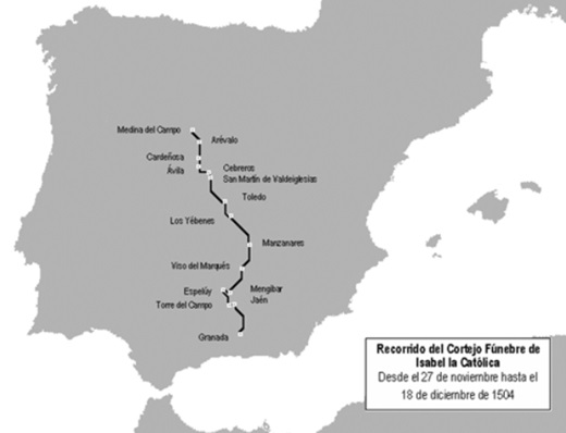 Mapa del recorrido seguido por el cortejo fúnebre de Isabel laCatólica desde Medina del Campo hasta Granada.