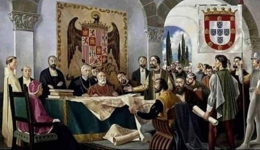 Firma del Tratado de Tordesillas el 7 de junio de 1494 entre los representantes de Isabel y Fernando, reyes de Castilla y de Aragón, por una parte, y los del rey Juan II de Portugal, por la otra