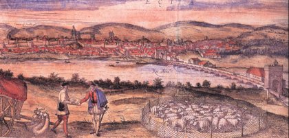 Dos tratantes de ganado en las proximidades de Écija, a mediados del siglo XVI. Detalle de un gravado en Civitates orbis terrarun, de G. Braun y F. Hogenberg