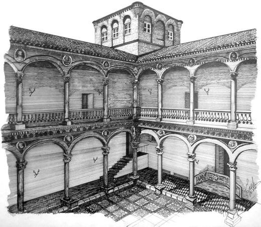Claustro Palacio de Dueñas de Medina del Campo. Dibujo a plumín autor página.
