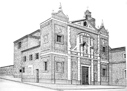 Actual iglesia de la Inmaculada Concepción (Padres Carmelitas Descalzos) de Medina del Campo. Dibujo a plumín autor página. 