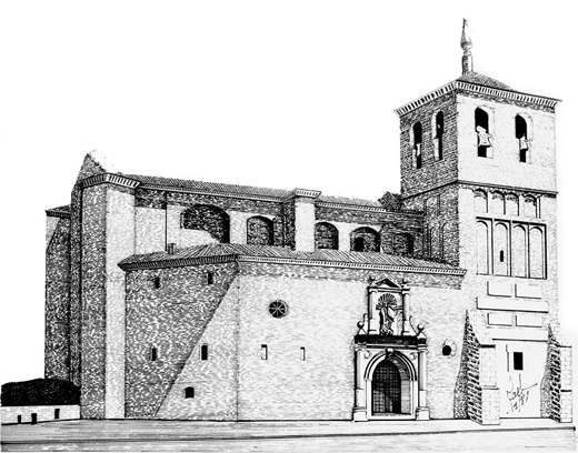 Dibujo a plumín autor página. Fachada principal de la Parroquia de San Miguel Arcángel