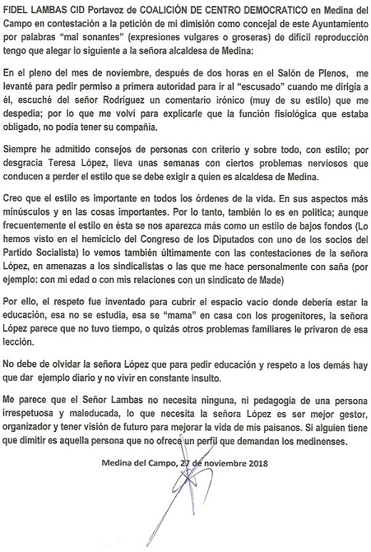 Documento entregado por Fidel Lambás para su publicación en relación al Pleno Municipal del día 26/11/2018.