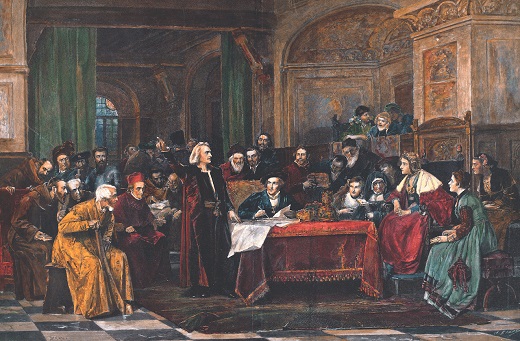 Colón en la corte de Fernando el Católico. Xilografía según un óleo de Wenzel Von Brozik. Siglo XIX.