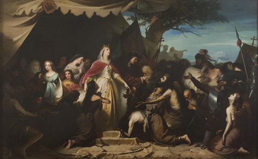 Los Reyes Católicos recibiendo los cristianos cautivos en la conquista de Málaga, aceite de 1837