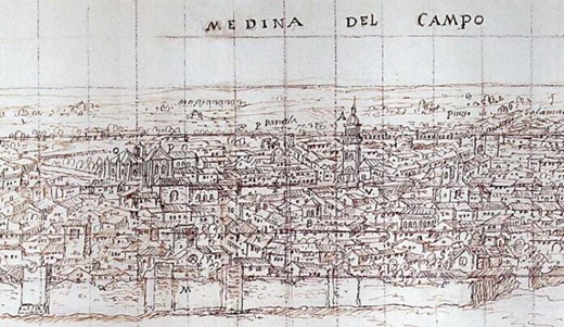 Vista de Medina del Campo desde el Norte. Dibujo de Anton van den Wyngaerde (fragmento), 1570// Fuente: Museo de las Ferias de Medina del Campo