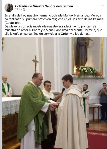 El medinense Manuel Hernández en su primera profesión religiosa // Fuente: OCD Iberica