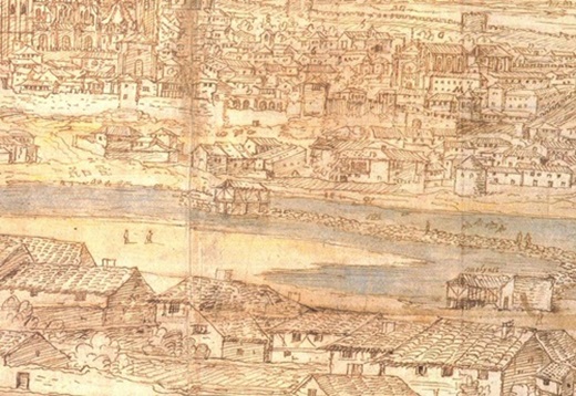 Imagen 4. En este dibujo de 1579 se aprecia el molino dentro del Tormes del que se habla en el Lazarillo ¿Cómo conocería todos estos detalles el autor? ¿Quizás porque estuvo en Salamanca?