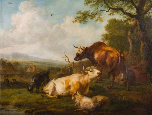 Escena campestre Paulus Pietersz Potter (Enkhuizen, 1625 – Ámsterdam, 1654) Segundo tercio del siglo XVII Óleo sobre tabla de roble / 44,9 x 58 x 1 cm (marco: 61,4 x 74,3 x 5 cm) Colección particular 