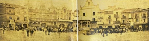 Ayuntamiento, Casa de los Arcos y Casa Reales en la acera del Potrillo de la Plaza Mayor. 1880. Publicado en "Luces Impresas y Letras de Molde. Fotografía histórica y prensa escrita en Medina del Campo 1854-1930", de Antonio Sánchez del Barrio