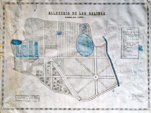 Plano del Balneario de las Salinas Casimiro González (perito) Hacia 1900Dibujo a tinta y aguada de colores sobre papel encerado (escala 1:500) / 77 x 101 cm Colección Casa Belloso. Obra depositada en el Museo de las Ferias Imagen aportada por la Fundación Museo de las Ferias