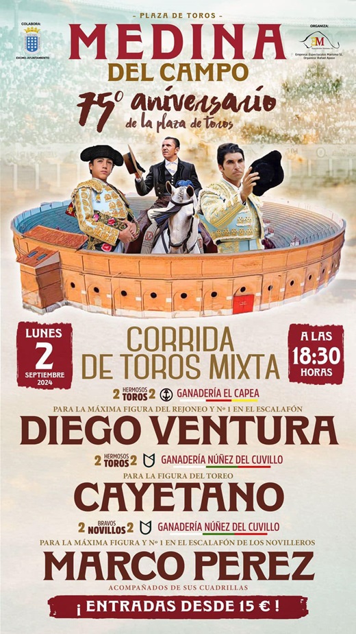 Corrida de toros mixta el día 2 de septiembre 2024 en Msedina del Campo