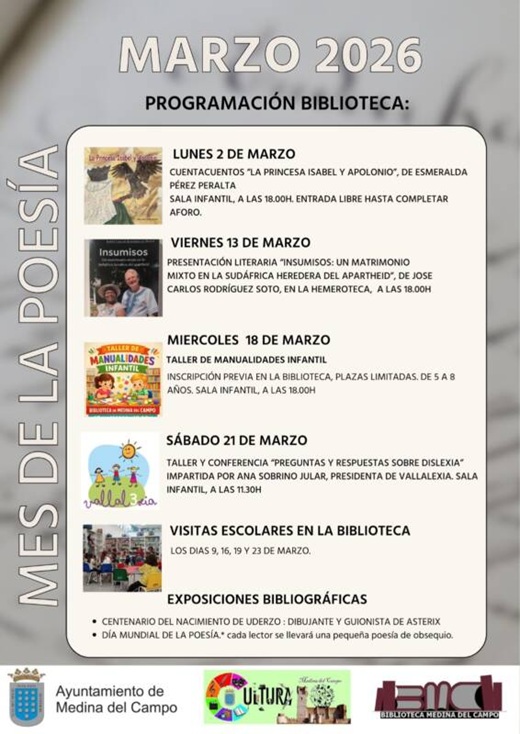 La Biblioteca de Medina arranca marzo con una agenda cultural reforzada tras un a&ntilde;o hist&oacute;rico de participaci&oacute;n.