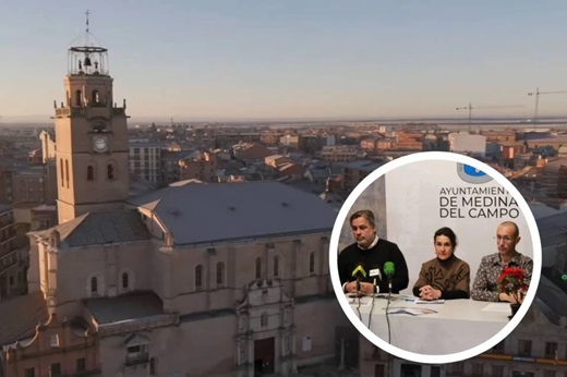 Fotograma de "Vente a vivir a un pueblo" en su versión de Medina del Campo. En el círculo, imagen de la rueda de prensa // La Voz