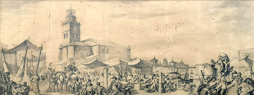 Feria en la Plaza Mayor de Medina del Campo. José María García Fernández, «Castilviejo». 1959-1960. Dibujo a lápiz sobre papel / 100 x 40 cm (sin marco). Colección de Cecilio José Blanco Martínez. Obra depositada en la Fundación.Museo de las Ferias ( PUEDE AMPLIARSE REPORTAJE FOTOGRÁFICO ) 